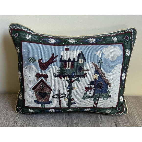 Christmas Winter Bird Birdhouse Tapestry Needlepoint Throw Pillow Gold 16” X 12” - Picture 1 of 6